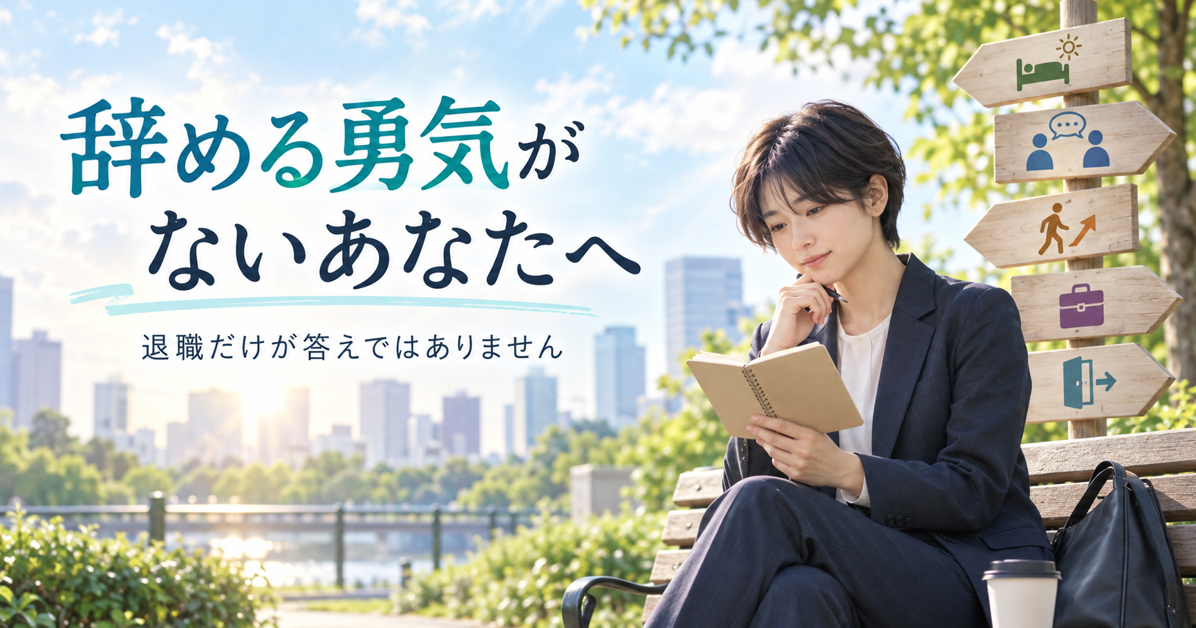 辞める勇気がない若い会社員が退職以外の選択肢をノートに整理している様子