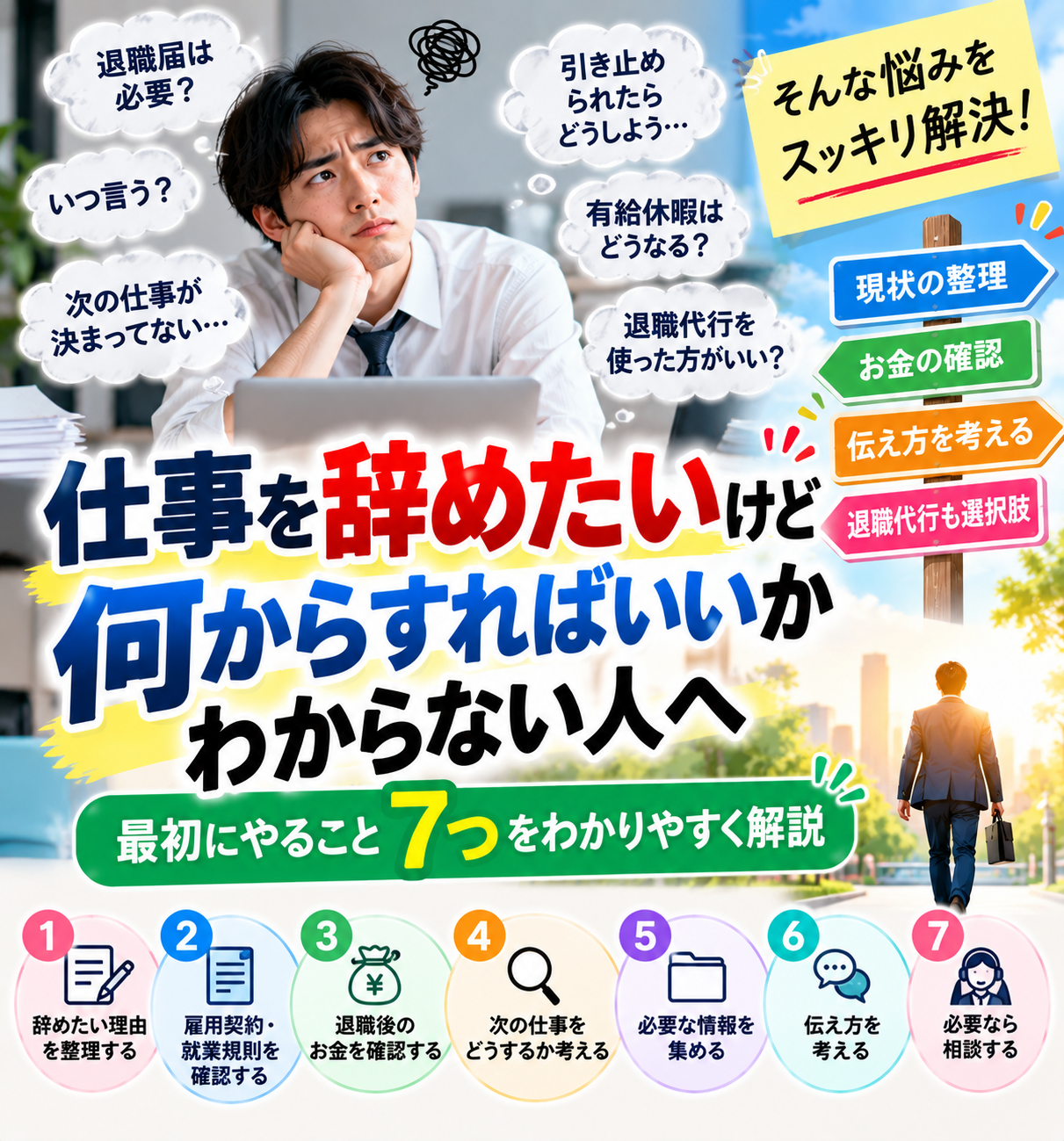 仕事を辞めたいけど何からすればいいかわからない人向けに最初にやること7つを解説するアイキャッチ画像