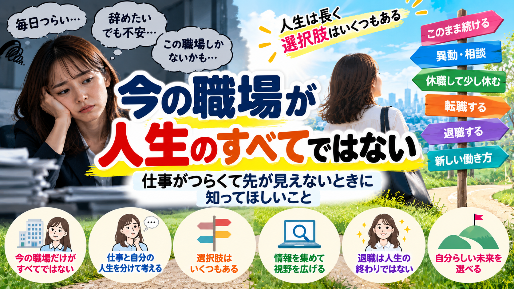 今の職場が人生のすべてではなく、異動・休職・転職・退職など複数の選択肢があることを伝えるアイキャッチ画像