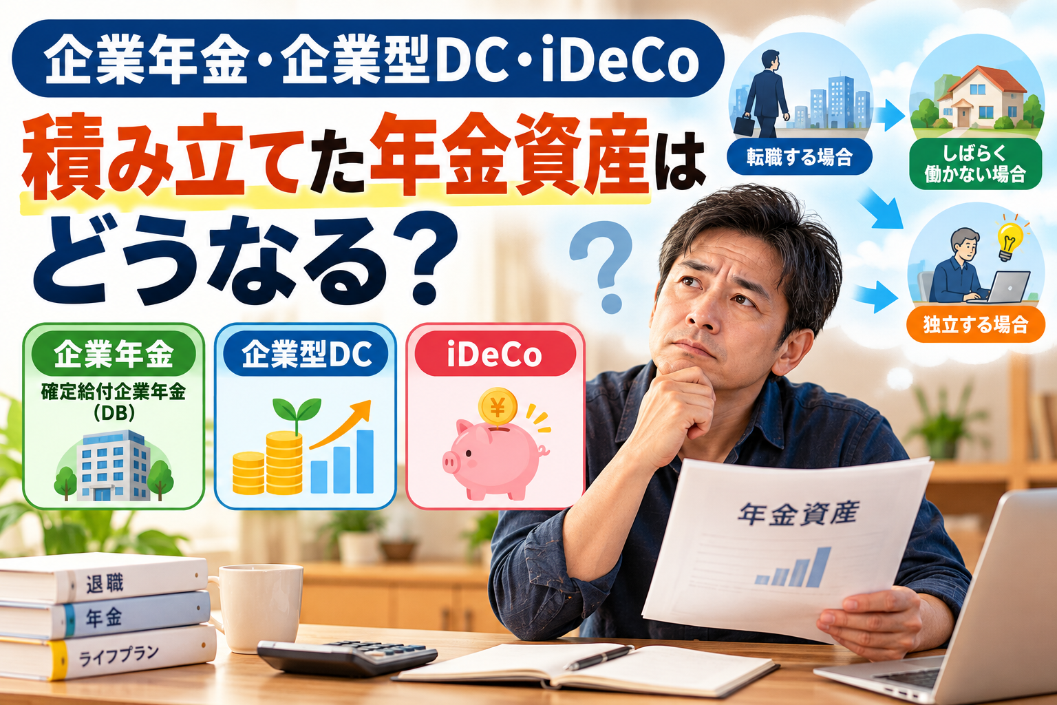企業年金・企業型DC・iDeCoの年金資産について考える40代男性のアイキャッチ画像。退職後に積み立てた年金資産がどうなるのか、転職・しばらく働かない場合・独立する場合の違いを紹介。