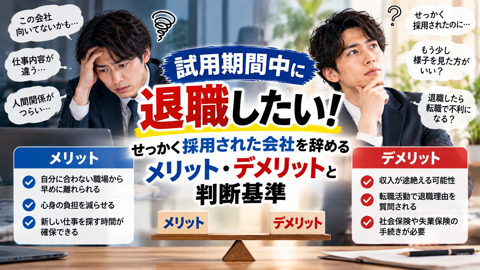 試用期間中に退職したいと悩む若い男性会社員のアイキャッチ画像。職場が合わず頭を抱える姿と、今後の進路を考える姿を対比し、早期退職のメリット・デメリットや判断基準を紹介している。