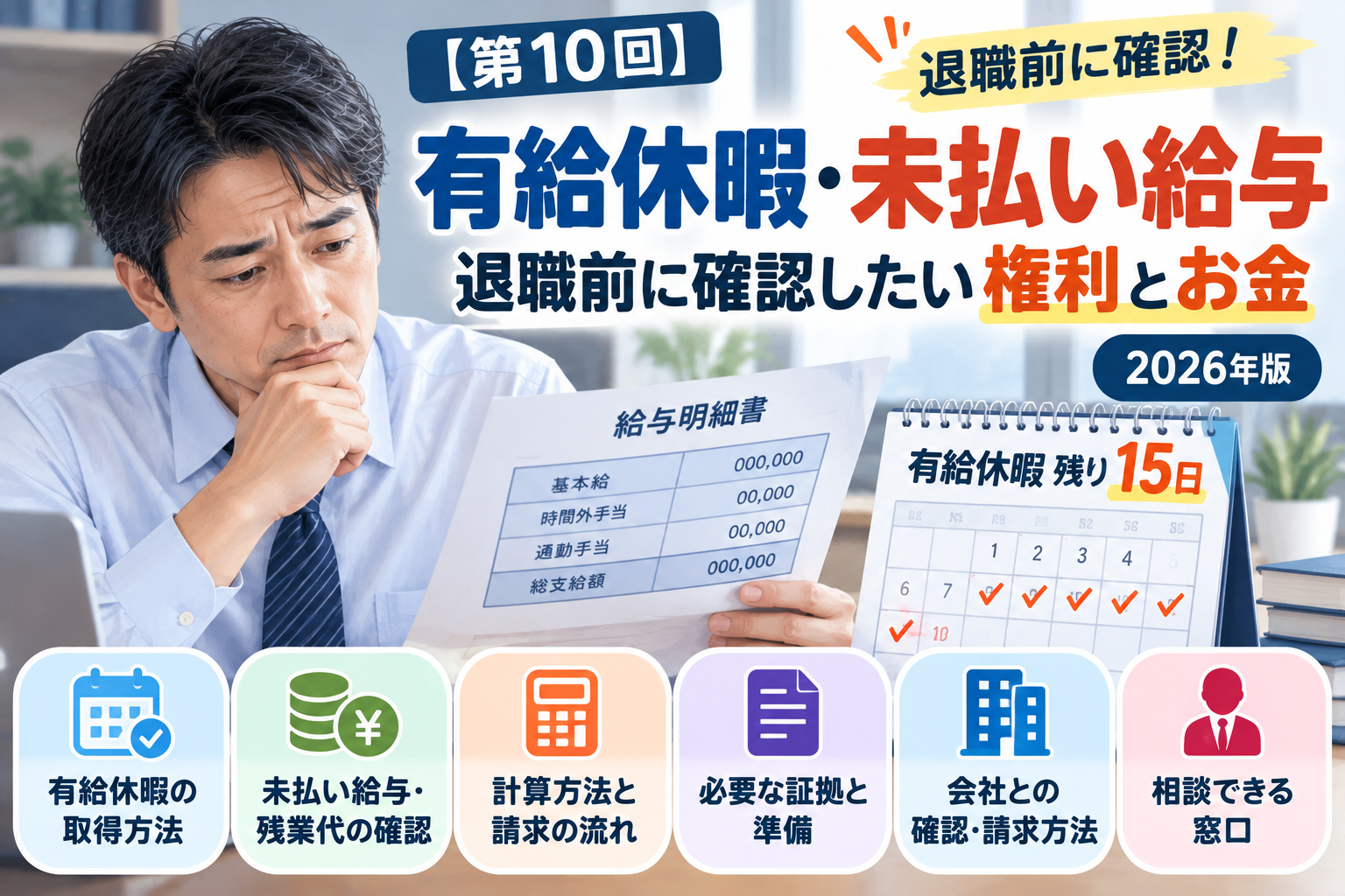退職前に有給休暇と未払い給与を確認する40代のサラリーマン。給与明細と有給休暇の残日数15日を示すカレンダーを見ながら、退職前に確認したい権利とお金について考えている。退職代行ラボ第10回記事のアイキャッチ画像。