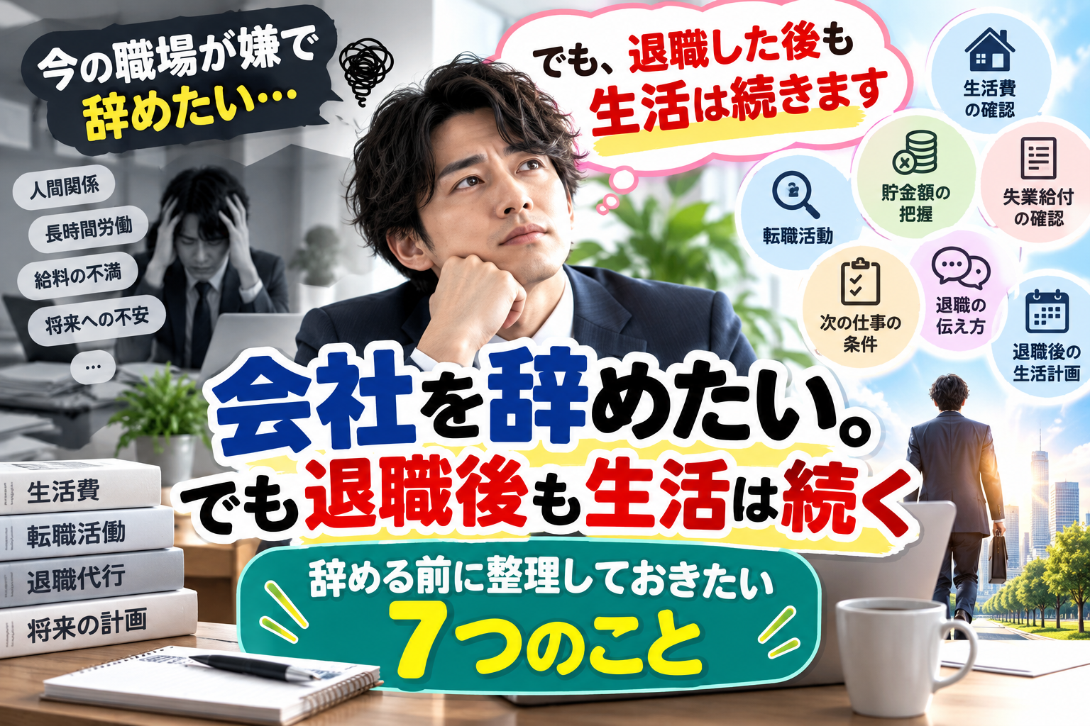 会社を辞めたいけれど退職後の生活も考える男性｜生活費・貯金・転職活動・失業給付など辞める前に整理したい7つのこと