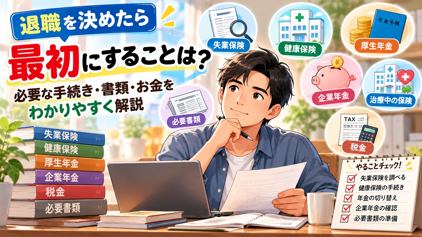 退職を決めた男性が、失業保険・健康保険・厚生年金・企業年金・税金・必要書類など、退職前後の手続きを確認しているイラスト